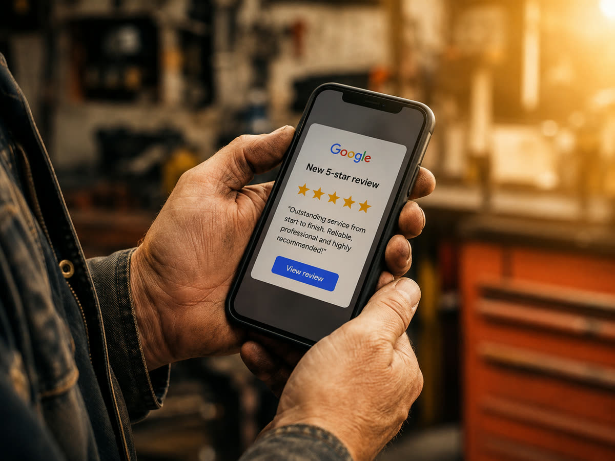 A five-star Google review arriving on a tradesman's phone