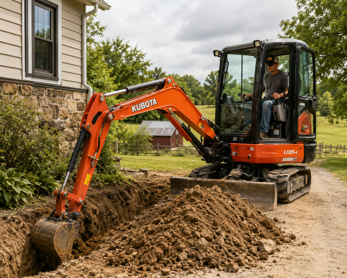 Excavator digging on a septic job site