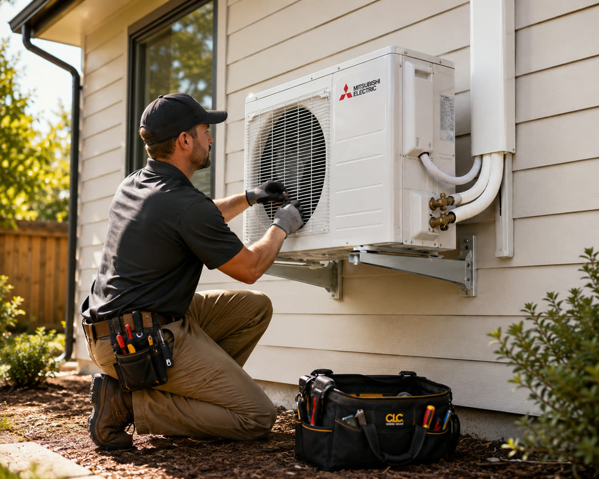 HVAC technician installing a heat pump