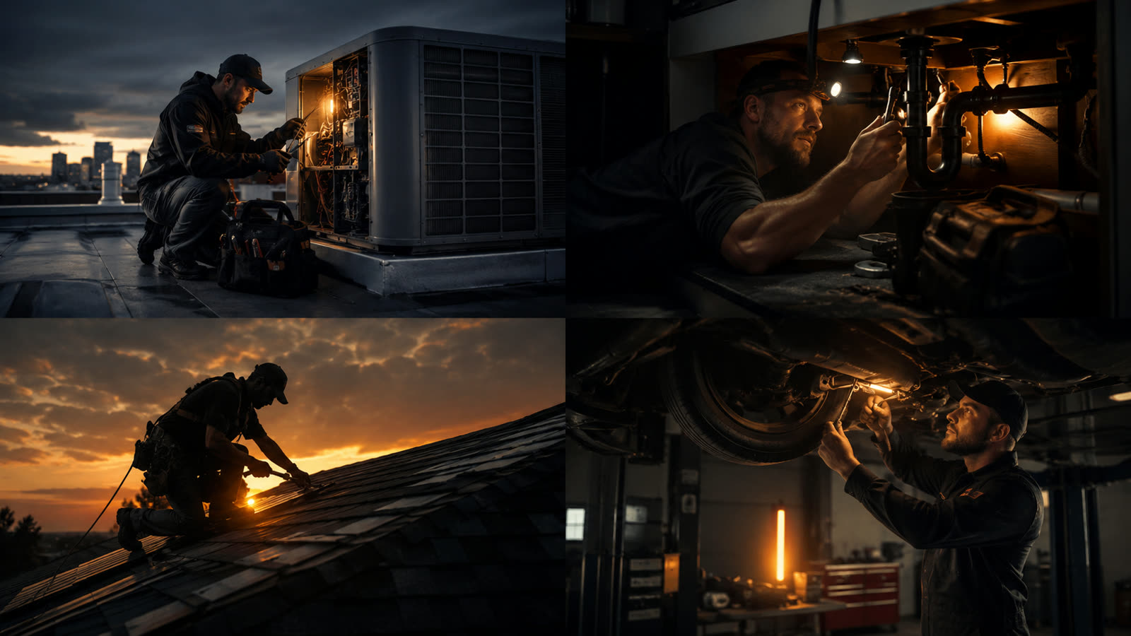 HVAC technician, plumber, roofer and mechanic at work
